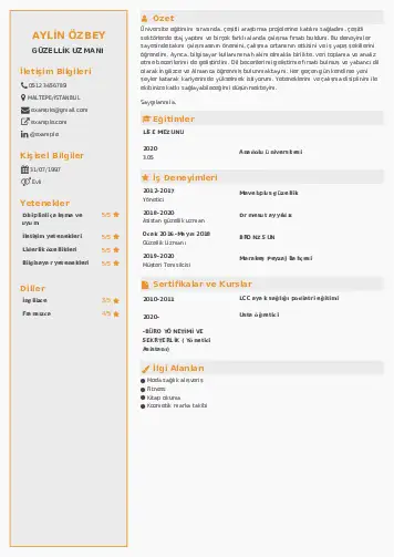 Güzellik Uzmanı Cv Örnekleri  cv indir